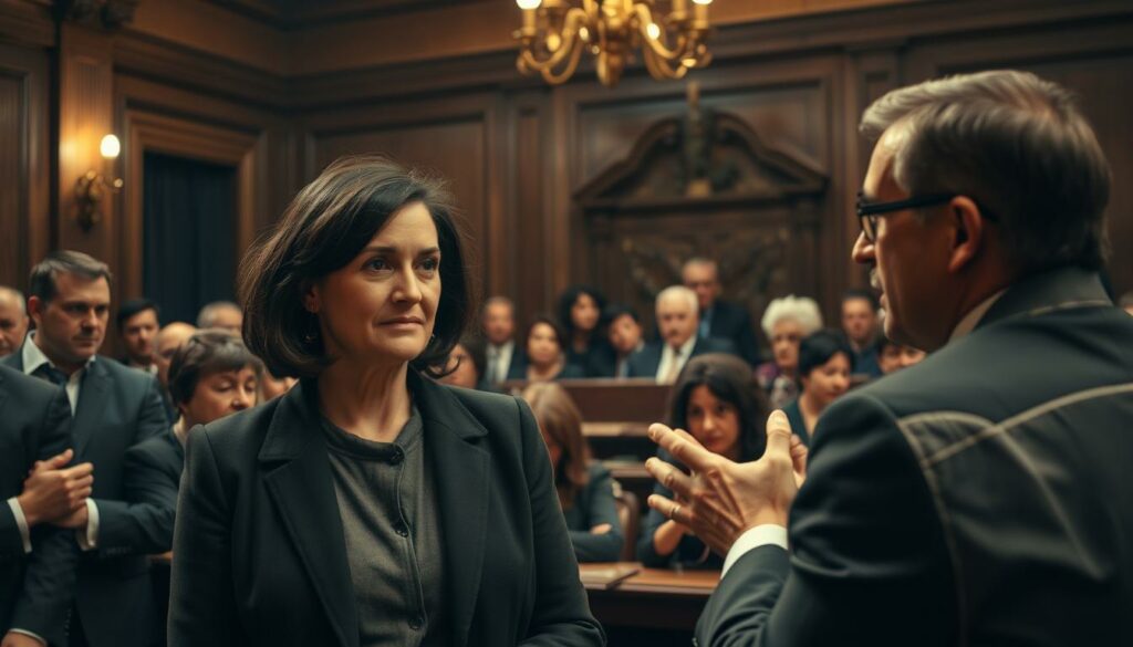 A crowded courtroom, dimly lit with warm hues, the tension palpable as two parties engage in an intense legal battle over a sizable inheritance. In the foreground, the widow, dressed in somber attire, stands resolute, her expression a mix of determination and sorrow. Across from her, the opposing lawyers argue passionately, their gestures animated as they present their cases. The judge, sitting in the background, observes the proceedings with a stoic gaze, the weight of the decision evident in the furrow of their brow. The scene is one of high stakes and emotional turmoil, capturing the essence of an erbitterted Erbstreit - a bitter inheritance dispute - unfolding in a court of law.