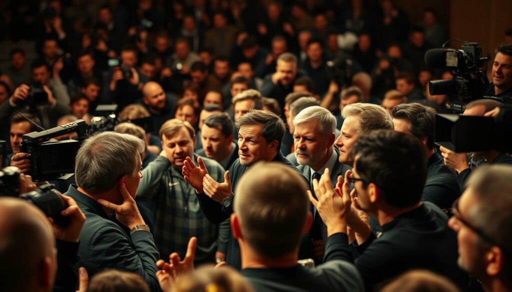 A crowded press conference room filled with journalists, photographers, and TV crews. In the foreground, a group of soccer coaches and players, their faces a mix of elation, disappointment, and tension, gesturing animatedly as they react to the recent match. Soft, warm lighting illuminates the scene, casting dramatic shadows and highlighting the intensity of the moment. The background is blurred, with a sense of motion and energy, capturing the frenetic atmosphere of the post-game event. The image conveys the raw emotions and high stakes of the Klub-WM competition, a pivotal moment in the lives of these professional athletes and their dedicated support staff.