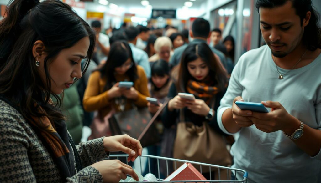 A crowded shopping mall, with shoppers carefully examining price tags and comparing options. In the foreground, a woman scrutinizes the contents of her shopping cart, brow furrowed in concentration. The middle ground features a mix of determined expressions and cautious browsing, as consumers navigate aisles filled with discounted merchandise. The background captures a sense of heightened activity, with individuals pausing to consult smartphones and discuss potential purchases. Muted lighting casts a pensive tone, emphasizing the deliberate, cost-conscious decision-making unfolding throughout the scene. An atmosphere of financial restraint and prudent consumer behavior pervades the image.