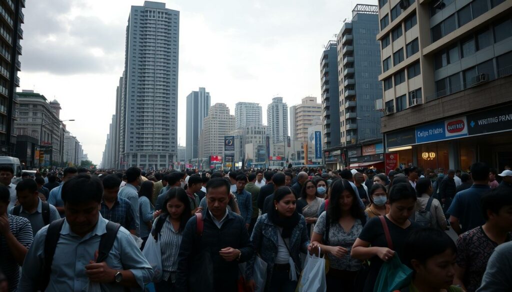 A crowded urban scene, with people navigating the streets amidst a backdrop of towering buildings and a cloudy, muted sky. In the foreground, individuals carry shopping bags, their expressions weighed down by the burdens of rising prices. Shadows cast by the structures suggest an oppressive atmosphere, while the limited color palette evokes a sense of financial strain. In the middle ground, families gather, discussing household budgets strained by the cost of living. The background depicts bustling commercial activity, yet the mood is somber, reflecting the widespread economic anxiety. Warm lighting filters through the gloom, offering a glimmer of hope amidst the challenges.