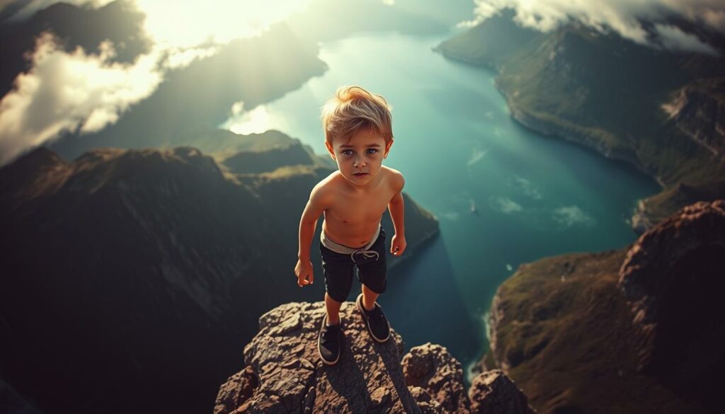 A daring young boy perched atop a rugged, wind-swept cliff, the sun casting a warm glow across his determined features. FHM. Captured in a dramatic wide-angle lens, the crystalline waters of the fjord beckon below, hinting at the exhilarating plunge to come. The scene exudes a sense of adventure and parental encouragement, as the boy prepares to take the leap, his body tense with anticipation. Moody, atmospheric lighting lends an air of cinematic intensity to the moment, inviting the viewer to experience the thrill and potential risks of this precarious "klippenspringen" act.