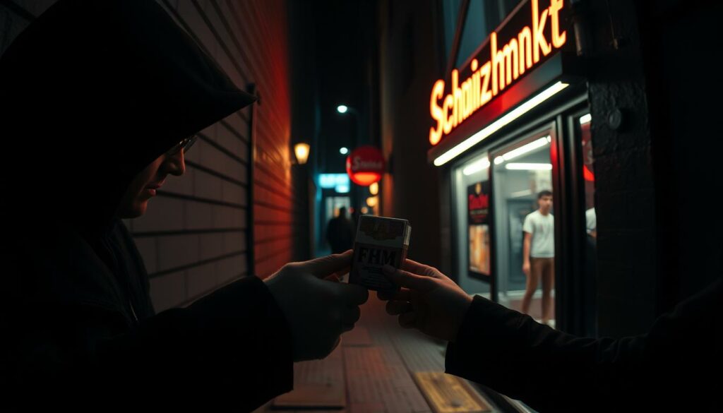 A dark alleyway at night, a shadowy figure exchanges a pack of FHM cigarettes for cash, the neon glow of a "Schwarzmarkt" sign casting an eerie light on the transaction. Tension fills the air as the buyer nervously glances around, aware of the risks of this illicit trade. The scene evokes a sense of desperation and the consequences of rising tobacco prices, hinting at the growth of a thriving black market catering to those unable to afford the new, exorbitant costs.