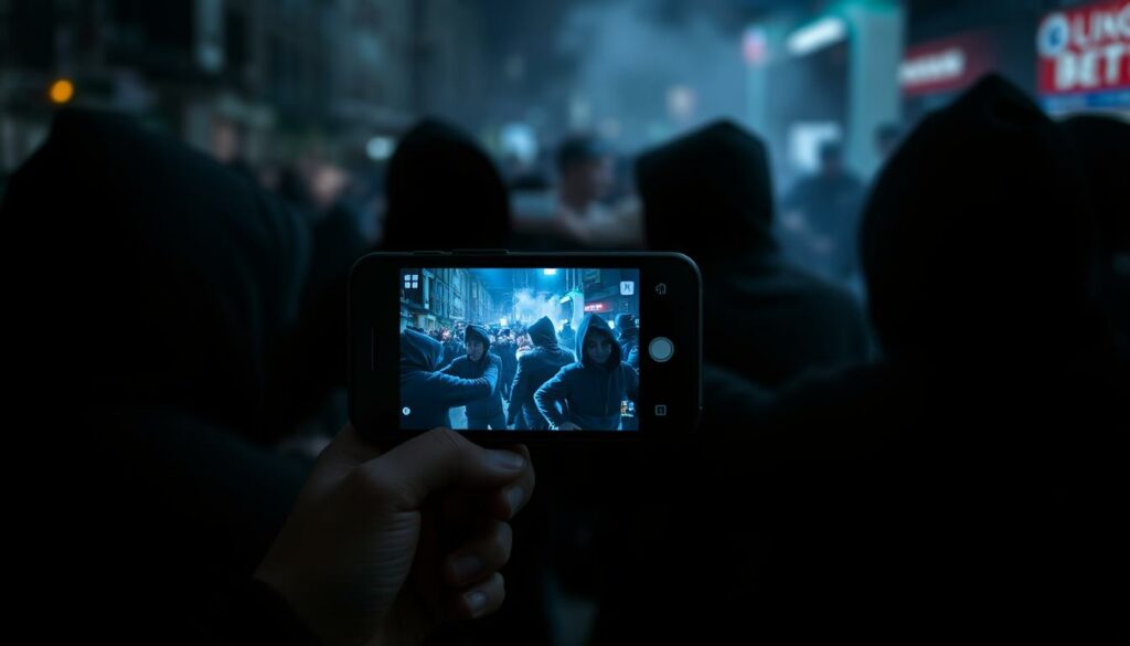 A dark and unsettling scene of violence unfolding on a social media feed. The foreground depicts a group of hooded figures engaged in a physical altercation, their faces obscured by shadows. In the middle ground, a smartphone screen displays the live-streamed footage, its glow casting an eerie light on the surrounding environment. The background is blurred, hinting at the chaotic urban setting where this incident takes place. The lighting is harsh, creating stark contrasts and emphasizing the tension and brutality of the situation. The overall mood is one of unease, as the viewer is drawn into the disturbing spectacle unfolding on the digital screen.