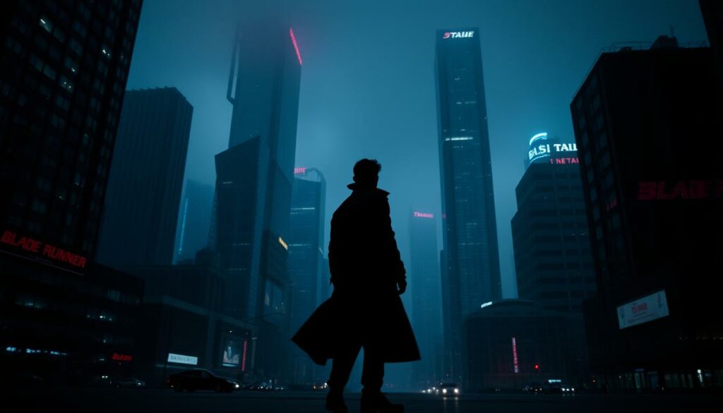 A dark, atmospheric cityscape at night, bathed in neon hues and cast in dramatic shadows. Towering skyscrapers loom over the scene, their sleek, angular architecture reflecting the distinct visual style of Blade Runner 2049. In the foreground, a lone figure stands in silhouette, their trenchcoat billowing in the wind, evoking a sense of mystery and intrigue. The lighting is moody and chiaroscuro, with pools of light and deep, inky blackness creating a mesmerizing, cinematic quality. The overall composition is balanced and intentional, drawing the viewer's eye through the frame and conveying the unique directorial vision of Denis Villeneuve.