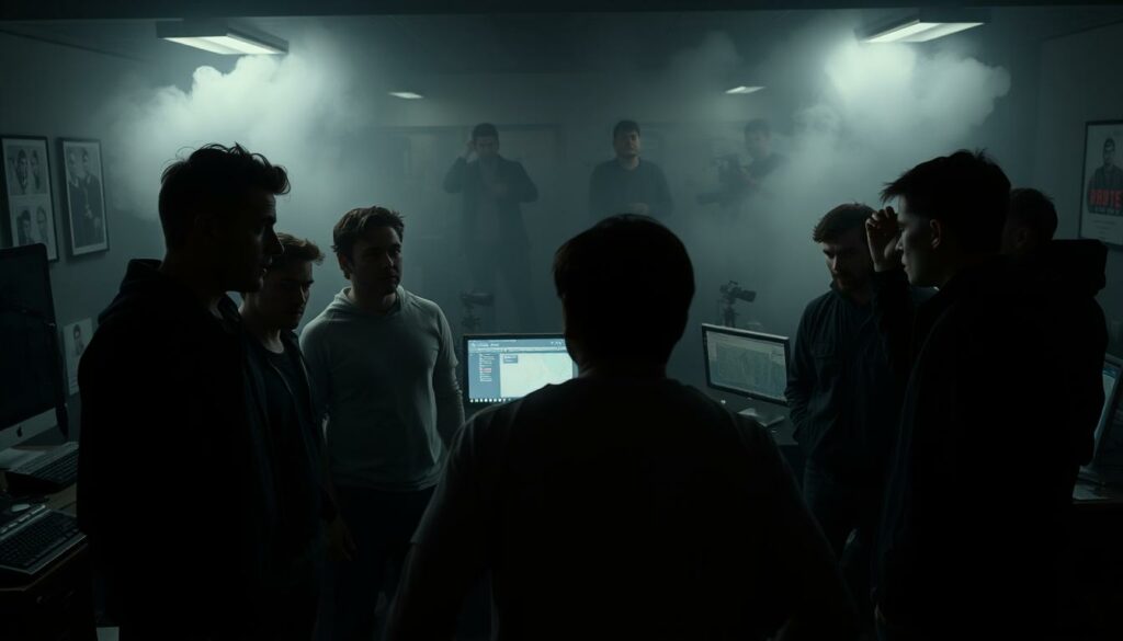 A dark, brooding scene depicting the behind-the-scenes controversies and tensions within the MrBeast team. In the foreground, a group of team members engaged in a heated argument, their expressions tense and their body language confrontational. Shadows cast across their faces, hinting at the strain and stress of the high-pressure environment. In the middle ground, a cluttered office space with computers, cameras, and other production equipment, suggesting the relentless demands of the YouTube empire. The background is shrouded in a hazy, almost ominous atmosphere, with a sense of foreboding and unease permeating the scene. Dramatic, low-key lighting and a muted color palette convey the dark, unsettling nature of the subject matter.
