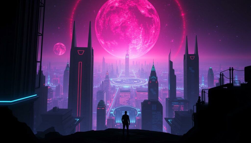 A dark, dystopian cityscape of Tron's digital world, bathed in a neon glow. In the foreground, a lone figure stands amidst the towering structures, their silhouette highlighted by a pulsing, synth-driven soundtrack. The middle ground features a sprawling, futuristic metropolis, its sleek architecture and luminous grids a testament to the digital realm. In the background, a vast, data-infused sky, with swirling patterns and shimmering particles, evoking the iconic Tron aesthetic. The scene exudes a sense of technological awe and foreboding, as if the music of Nine Inch Nails has taken over this digital landscape, signaling a bold new chapter in the Tron legacy.