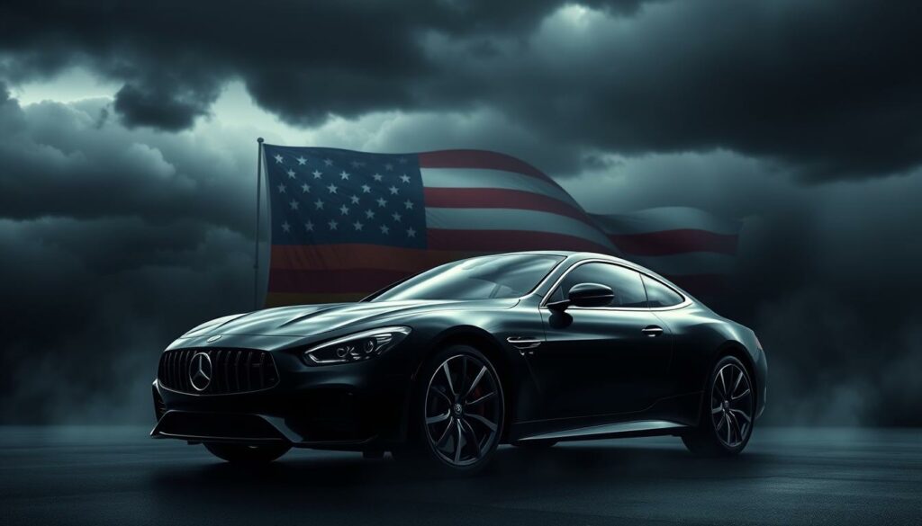 A dark, ominous backdrop of storm clouds looming over a U.S. flag, casting an unsettling atmosphere. In the foreground, a detailed, realistic rendering of a sleek, premium German-engineered automobile, its glossy surface reflecting the grim skies above. The car is positioned centrally, surrounded by a hazy, blurred environment, drawing the viewer's focus solely to the vehicle. Harsh, dramatic lighting casts sharp shadows, emphasizing the car's form and the weight of the impending situation. An air of tension and uncertainty permeates the scene, hinting at the impactful consequences of "US-Zölle auf Autoimporte" on the automotive industry.