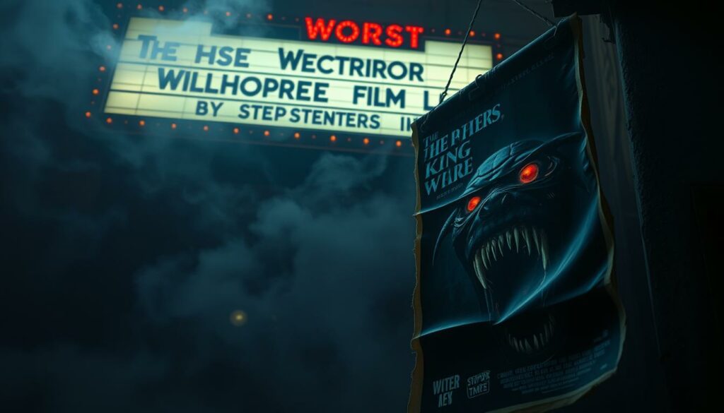 A decrepit movie theater, shrouded in an eerie mist, the marquee flickering "The Worst Horror Film by Stephen King". In the foreground, a tattered movie poster hangs, its edges curling, depicting a monstrous creature with glowing red eyes and jagged teeth. The lighting is low and ominous, casting deep shadows that seem to move on their own. The camera angle is slightly skewed, adding to the unsettling atmosphere. The mood is one of dread and foreboding, as if the very walls of the theater are haunted by the memories of a truly terrible cinematic experience.
