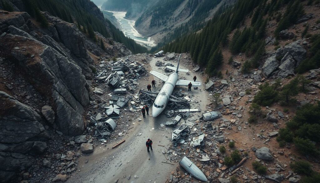 A detailed aerial view of a remote aircraft accident site, with scattered wreckage and debris strewn across a rugged, mountainous landscape. The wreckage lies in a shallow ravine, surrounded by craggy peaks and dense forests. A team of investigators carefully sifts through the twisted metal and carbonized fragments, meticulously documenting every clue that might reveal the cause of the tragic crash. The scene is bathed in a somber, overcast light, casting long shadows and adding to the somber, investigative atmosphere. The prompt should capture the sense of urgency and thorough, methodical examination required to uncover the truth behind this devastating accident.