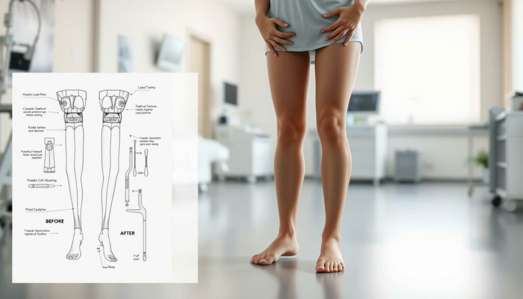 A detailed comparison of leg lengthening procedures, showcasing the experience of Theresia Fischer. In the foreground, a precise medical diagram illustrates the surgical techniques, with labeled components and tools. In the middle ground, a lifelike 3D render depicts the physical transformation, from before to after the procedure, captured in neutral lighting to emphasize the subtle changes. In the background, a softly blurred, realistic environment sets the scene, evoking a clinical yet compassionate atmosphere. The overall composition strikes a balance between technical precision and human empathy, inviting the viewer to thoughtfully consider the subject matter.