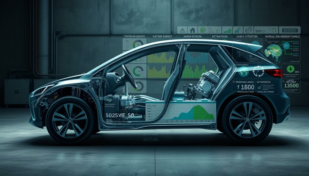 A detailed cross-section view of an electric vehicle's critical sustainability issues, showcased against a muted, industrial backdrop. The foreground depicts the vehicle's battery pack, highlighting the energy-intensive manufacturing and limited recycling options. The middle ground features a comparison of carbon emissions from EV production versus traditional internal combustion engines. In the background, a grid of statistical data and infographics illustrates the challenges of sustainable energy sources, rare earth mineral extraction, and overall environmental impact. Lit by a cool, technocratic lighting scheme, the image conveys a sense of objective analysis and the complex trade-offs involved in the transition to electric mobility.