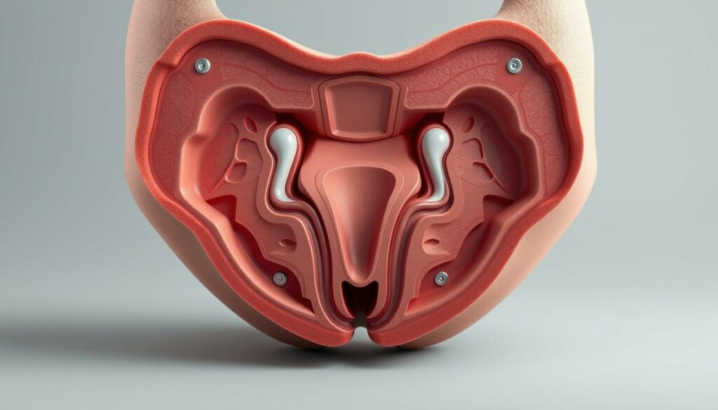 A detailed cross-sectional view of the human anal canal, showcasing its intricate anatomical structure. The image should be rendered with scientific precision, utilizing a neutral color palette and realistic textures to convey the medical nature of the subject. The camera should be positioned to provide a clear, unobstructed view, with the layers of the anal canal visible in the foreground, including the internal and external anal sphincters, the anal columns, and the anal valves. The background should be minimalist, allowing the anatomy to be the focal point. Subtle lighting should create depth and emphasize the three-dimensional nature of the structure, while maintaining a sense of clinical detachment appropriate for a medical illustration.