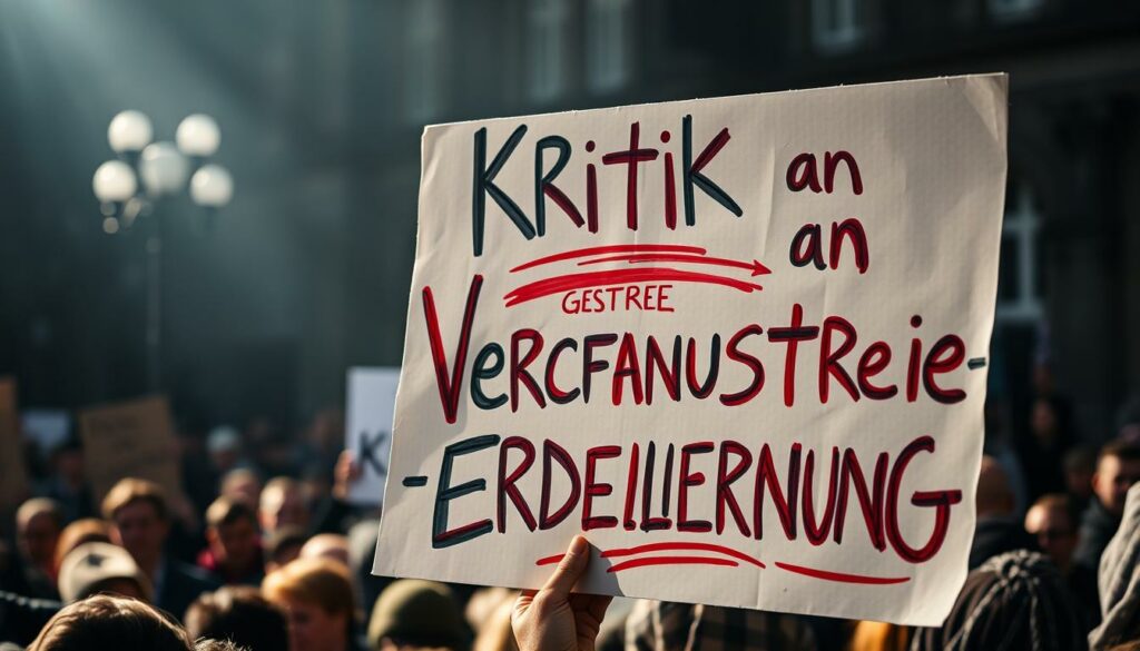 A detailed, hand-drawn protest sign raised high, the words "Kritik an Verfassungstreue-Erklärung" emblazoned in bold strokes. Vibrant colors and expressive lines convey a sense of urgency and defiance. In the background, a crowd of protesters, their faces determined, fill the frame. Dramatic lighting casts dramatic shadows, heightening the sense of tension and activism. The scene is captured from a low angle, emphasizing the power and conviction of the message. An atmosphere of passionate resistance permeates the image, reflecting the public's reaction to the decision.