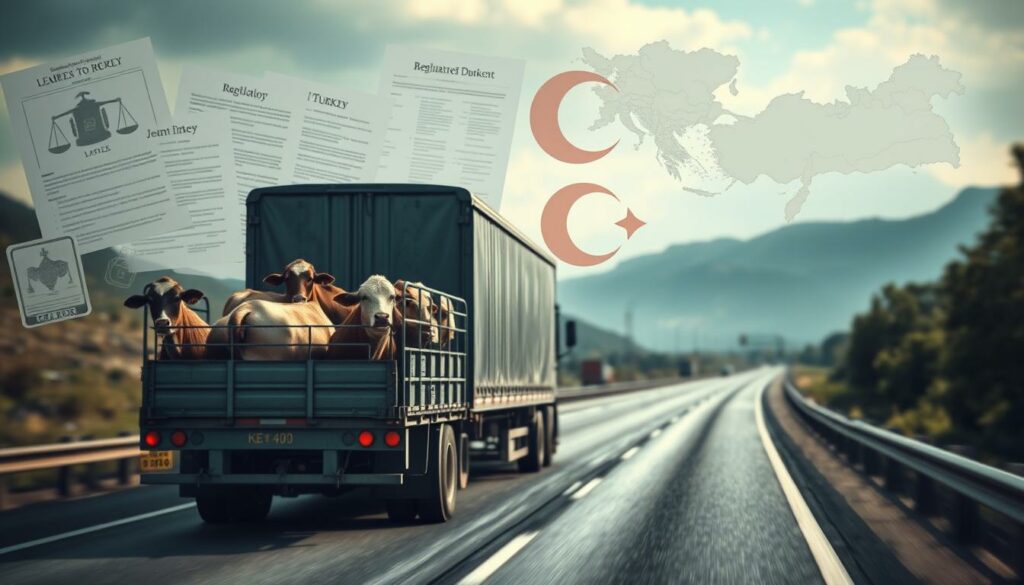 A detailed, high-resolution image depicting the legal and political background of cattle transport to Turkey. Show a scene with a cattle truck on a highway, accompanied by regulatory documents, legal symbols, and policy maps. Render the scene with realistic lighting, depth of field, and a slightly somber, documentary-style aesthetic. Include subtle visual references to the complexities and controversies surrounding the export of livestock. Convey a sense of the gravity and nuance of the subject matter through careful composition and visual language.