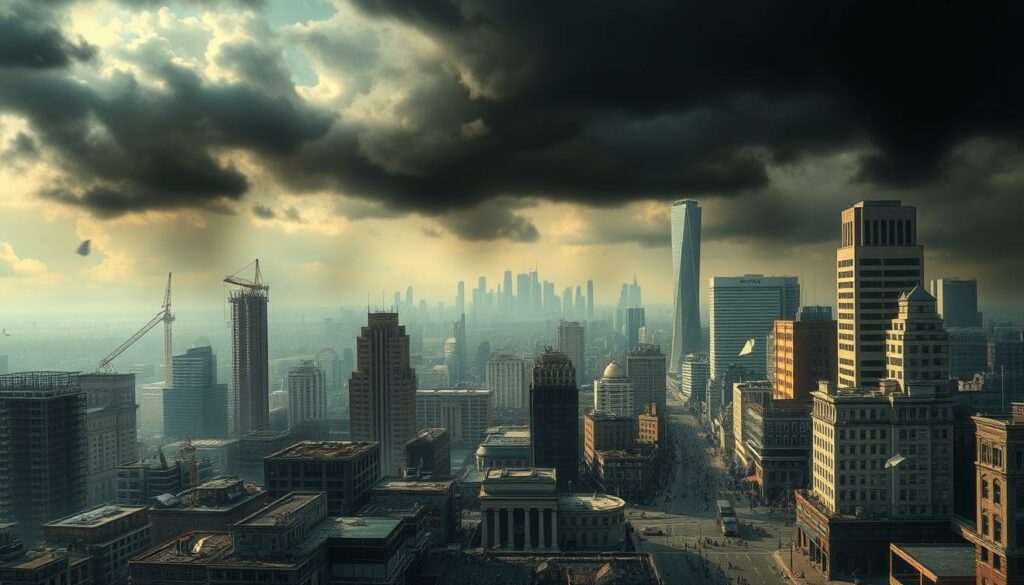 A detailed, hyper-realistic cityscape depicting the financial aftermath of the Signa collapse. In the foreground, a dark and ominous cloud of uncertainty looms over a once-thriving financial district, with crumbling skyscrapers and abandoned construction sites. In the middle ground, a scene of chaos and despair, with people rushing through the streets, papers and documents flying everywhere, symbolizing the widespread economic turmoil. In the background, a dim and hazy skyline, the once-vibrant FHM headquarters now a mere shadow of its former self, a stark reminder of the devastating impact of the Signa bankruptcy. The overall mood is one of gloom, anxiety, and a sense of a financial system in complete disarray.