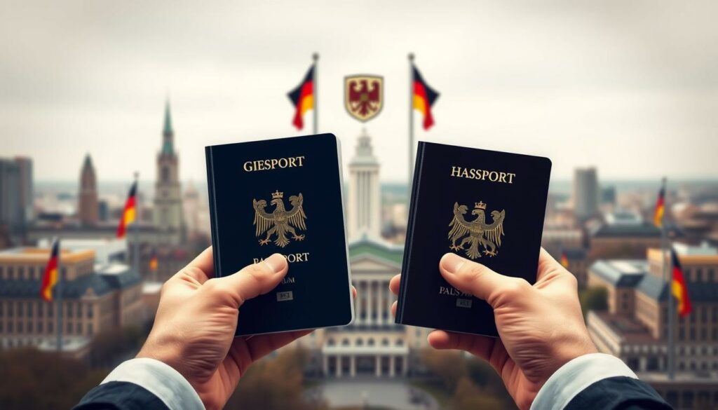 A detailed illustration of regulations surrounding dual citizenship in Germany. The foreground features a pair of hands holding official government documents and passports, hinting at the bureaucratic process. The middle ground showcases the German coat of arms and flags, symbolizing national identity. The background presents a cityscape with modern architecture, conveying a sense of progress and modernity. The overall scene is rendered in a muted, professional color palette with careful attention to lighting and depth of field, creating a serious, authoritative tone befitting the subject matter.