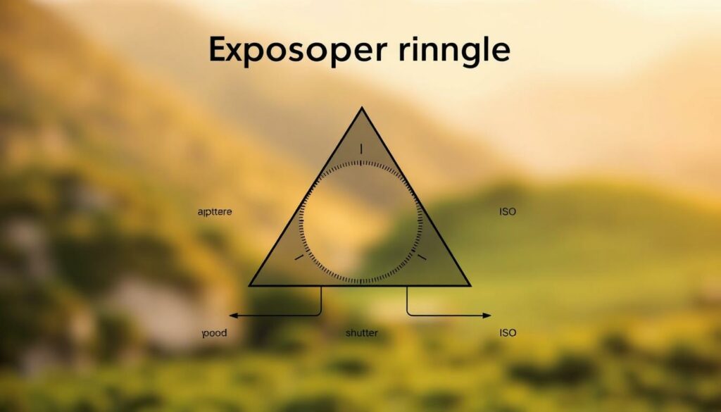 A detailed illustration of the photography exposure triangle, showcasing the interplay between aperture, shutter speed, and ISO. Prominently displayed in the center, the three core photographic exposure elements are represented as interconnected dials or sliders, with clear visual cues demonstrating their relationships and impact on image exposure. The background features a softly blurred, natural landscape scene, allowing the exposure triangle to be the focal point. Warm, muted tones create a calm, educational atmosphere, inviting the viewer to explore the fundamentals of proper photographic exposure.