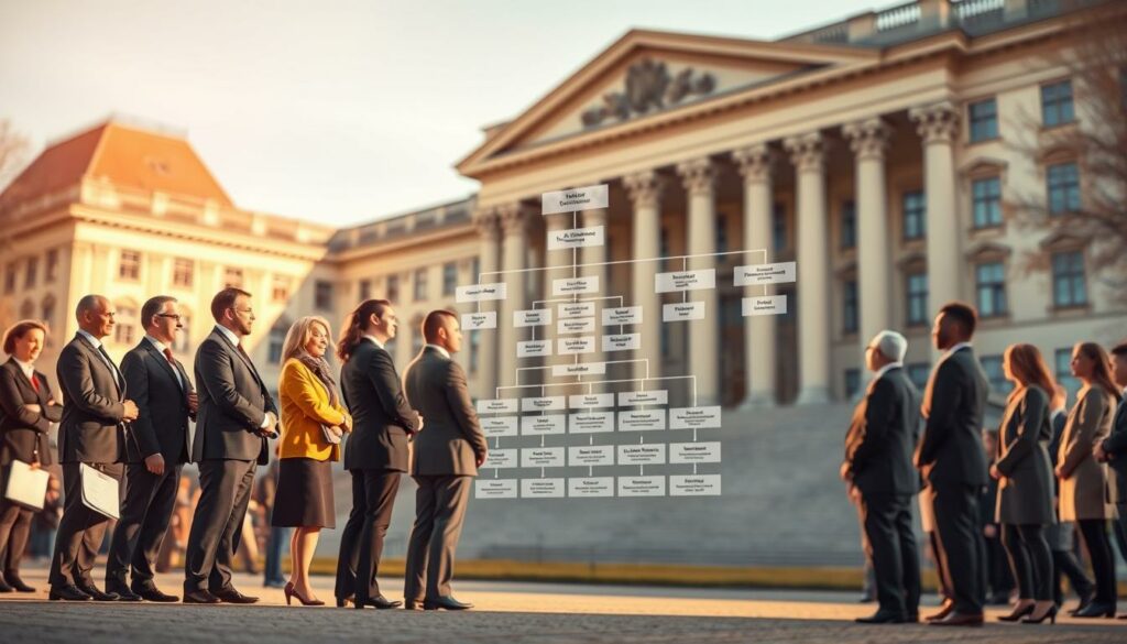 A detailed illustration showcasing the career paths and progression within the German civil service. In the foreground, a diverse group of public officials stands tall, representing the various roles and responsibilities within the Beamtenlaufbahn system. The middle ground features a structured organizational chart, highlighting the intricate web of specializations and advancement opportunities. In the background, a grand government building, its neoclassical architecture evoking a sense of tradition and stability, sets the stage for this comprehensive overview of the civil service career trajectories. Warm, directional lighting casts a professional and authoritative atmosphere, while a subtle depth of field emphasizes the hierarchical structure. This image aims to convey the complexity and prestige associated with the Beamtenlaufbahn, a key aspect of the public sector in Rheinland-Pfalz.