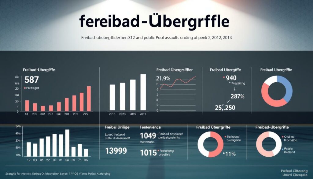 A detailed statistical infographic on "Freibad-Übergriffe" (public pool assaults) with a clean, modern design. The foreground showcases a series of data visualizations - bar charts, line graphs, and pie charts - presenting relevant statistics and figures. The middle ground features an abstract background with subtle geometric patterns and a muted color palette, creating a calm and professional atmosphere. The background is softly lit from above, casting gentle shadows and highlights on the data elements. The overall composition conveys a sense of objectivity and factual, evidence-based reporting on this sensitive topic.