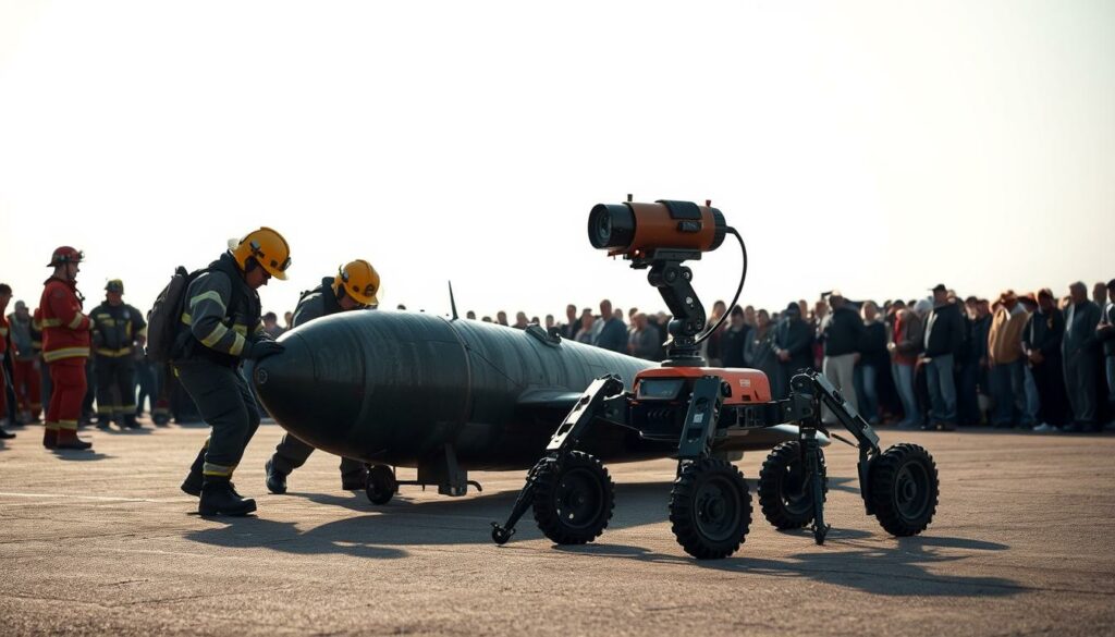 A detonation squad carefully inspects a World War II era aerial bomb, meticulously disarming its explosive mechanisms under the watchful eye of emergency responders. The scene is bathed in the soft, even light of an overcast day, casting long shadows that emphasize the gravity of the task at hand. In the middleground, a specialized bomb disposal robot stands ready to assist the human experts, its mechanical limbs poised to intervene if needed. In the background, a crowd of onlookers gathers at a safe distance, the tension palpable as the delicate operation unfolds. The mood is one of cautious professionalism and quiet determination, reflecting the skilled team's dedication to ensuring a successful outcome.