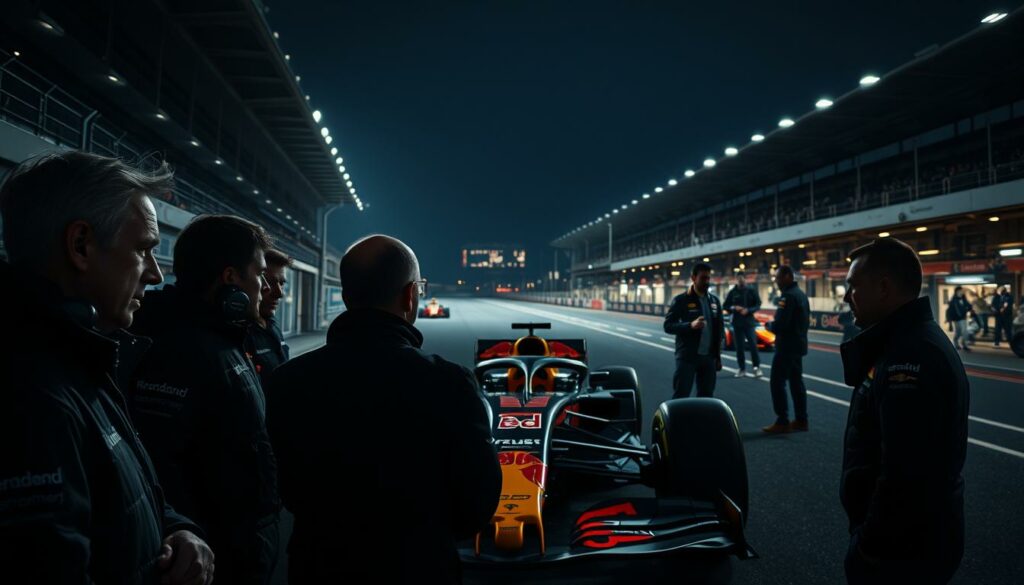 A dimly lit Formula 1 paddock, electric with rumors and speculation. In the foreground, a group of engineers and team principals huddle, faces etched with intrigue as they discuss the potential successors to the recently ousted Christian Horner. The middle ground features a sleek, high-tech race car, its aerodynamic form hinting at the cutting-edge technology that could define the next era of Red Bull's dominance. In the background, the towering grandstands cast long shadows, the crowd's murmurs and the distant roar of engines creating an atmosphere of anticipation and uncertainty. Subtle lighting accentuates the tension, casting dramatic shadows and highlights that evoke the high-stakes drama of Formula 1 politics.