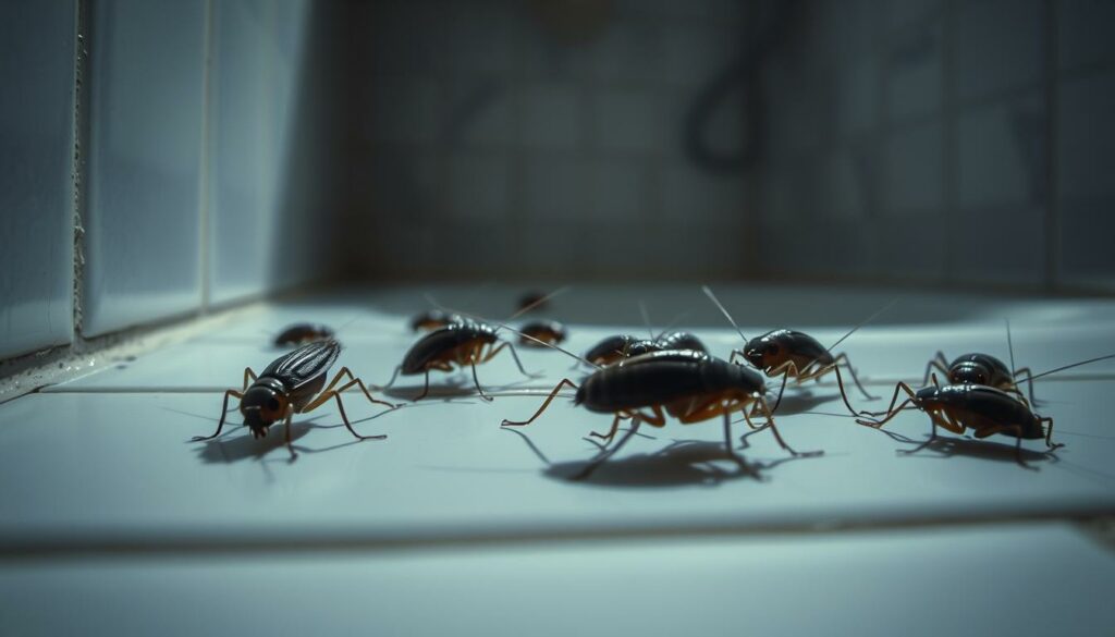 A dimly lit bathroom interior, with a close-up view of a group of silver-gray Silverfish insects crawling on a white tiled surface. The pests are shown in sharp focus, their segmented bodies and long antennae clearly visible. The lighting casts dramatic shadows, emphasizing the sinister, creepy-crawly nature of the Silverfish. The background is slightly blurred, hinting at the larger bathroom setting, with the tile pattern providing a sense of scale and context. The overall mood is one of unease and the need for effective pest control measures, as indicated by the section title.