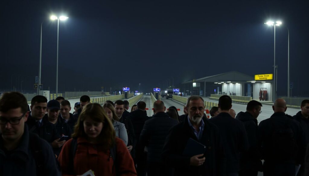 A dimly lit border crossing between Poland and Germany. In the foreground, travelers stand in an orderly queue, their faces etched with a mix of anticipation and weariness. Uniformed border guards meticulously examine passports and documents, their movements precise and efficient. The middle ground reveals a series of checkpoints, with barriers and traffic cones guiding the flow of vehicles. In the background, the hulking silhouettes of customs buildings loom, their facades illuminated by the harsh glow of floodlights. The atmosphere is tense, yet professional, as the rhythmic routine of the border control process unfolds.