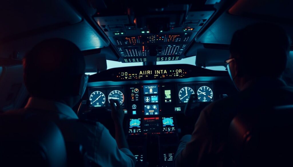 A dimly lit cockpit of an Air India aircraft, the pilots' attention focused intently on the instrument panel. The cabin illuminated by the soft glow of the display screens, casting an eerie yet captivating atmosphere. The scene captured from a slightly elevated angle, providing a sense of scrutiny and investigation. The pilots' faces obscured, emphasizing the mystery and questions surrounding their actions. The cockpit's interior meticulously detailed, from the intricate knobs and switches to the leather-bound seats. An air of tension and unease permeates the image, hinting at the gravity of the situation being examined.