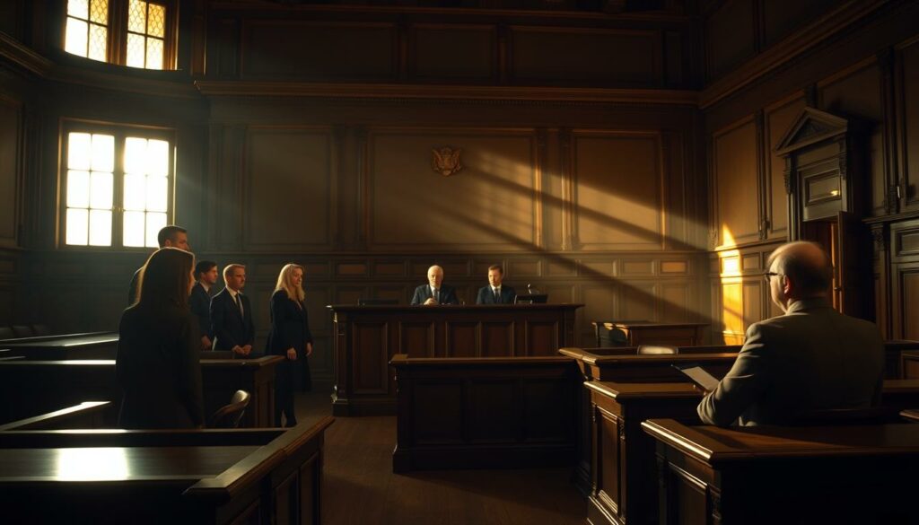 A dimly lit courtroom in the city of Meiningen, with heavy wooden benches and a solemn, mahogany-paneled judge's dais. The prosecution team, clad in formal attire, stands before the bench, presenting evidence and arguing their case with grave intensity. Sunlight filters through high windows, casting dramatic shadows across the room, as the judge listens intently, brow furrowed in concentration. The atmosphere is one of seriousness and gravitas, befitting the weighty matters of justice being deliberated upon.