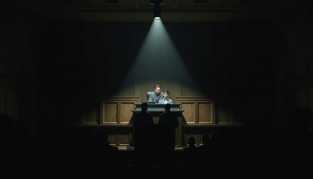 A dimly lit courtroom, the air thick with tension. Two figures stand at a podium, their expressions guarded, a battle of words and wits unfolding. Behind them, a grand, imposing bench where the judge presides, casting an ominous shadow over the proceedings. Shadows dance across the walls, adding to the sense of unease, as the audience watches on, silent spectators to this clash of testimonies. The scene is illuminated by a single spotlight, creating a stark contrast between light and dark, highlighting the gravity of the moment. The mood is one of uncertainty, the outcome hanging in the balance as the case rests on the strength of the opposing statements.