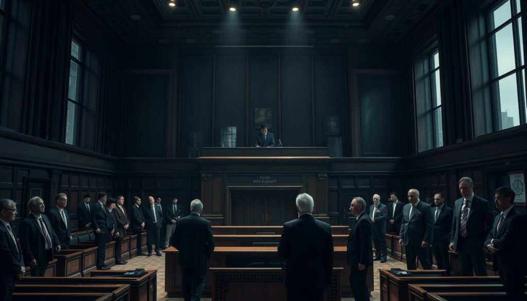 A dimly lit courtroom, the defendant's dock cast in shadows, signifying the weight of the "schweren betrugs" charges. The judge's bench, elevated and imposing, casts a severe glow upon the proceedings. Lawyers in sharp suits pace the aisles, their expressions grave. Through the high windows, a sense of foreboding seeps in, the city beyond a blur of gray. The atmosphere is tense, the stakes high, as the legal intricacies of this case are scrutinized under the watchful eye of justice.