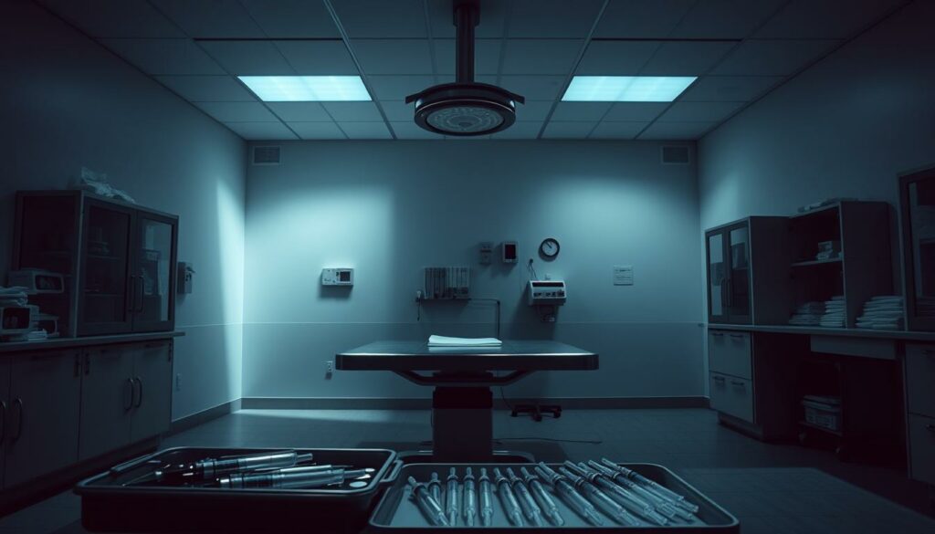 A dimly lit examination room in a German hospital, with a steel examination table at the center. Bright overhead lighting casts long shadows, creating an atmosphere of clinical detachment. In the foreground, medical instruments and a tray of syringes are neatly arranged, conveying a sense of sterile professionalism. The walls are lined with cabinets and shelves stocked with medical supplies, hinting at the room's function. The scene exudes a sense of quiet contemplation, underscoring the gravity of the procedures that take place within this space.