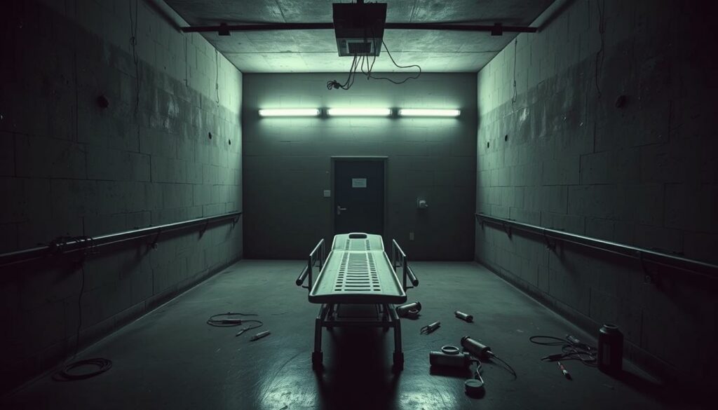 A dimly lit execution chamber, the eerie glow of fluorescent lights casting long shadows on the stark concrete walls. In the center, a metal gurney lies ominously, the only furniture in the room. Surrounding it, the various instruments of state-sanctioned death - syringes, tubes, and canisters, their intended purpose chilling. The room's atmosphere is one of dread and finality, a place where life is extinguished by the calculated methods of the American justice system. The scene is captured with a sense of cinéma vérité, the camera's lens capturing the unsettling details with a clinical objectivity.