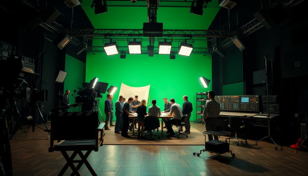A dimly lit film production studio, with a large green screen backdrop and an array of professional camera equipment and lighting rigs. In the foreground, a director's chair and a vintage-style film slate, conveying the classic aesthetic of a James Bond movie set. The middle ground features a group of crew members huddled around a table, discussing plans and blueprints. In the background, a series of high-tech control panels and monitors, indicating the modern, state-of-the-art technology involved in the filmmaking process. The overall atmosphere is one of creative energy, attention to detail, and the storied legacy of the James Bond franchise.