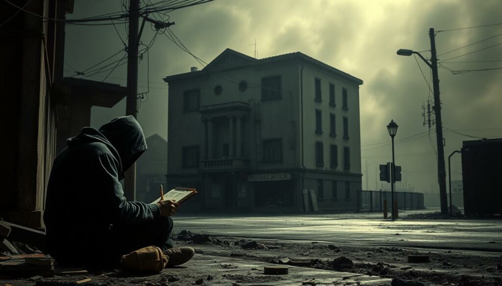 A dimly lit, gritty urban scene depicting the detrimental effects of austerity measures on artistic expression. In the foreground, a solitary figure sits hunched over a tattered sketchbook, their creative spark seemingly extinguished by the weight of financial constraints. The middle ground reveals a crumbling, nondescript building, its once-vibrant facade now muted and drab, symbolizing the stifling impact of budget cuts on cultural institutions. In the background, a hazy, oppressive atmosphere pervades, casting a shadow of gloom and resignation over the entire scene. Harsh, directional lighting casts sharp contrasts, conveying a sense of despair and the crushing burden of diminished resources. The overall composition evokes a melancholic, dystopian landscape where the pursuit of artistic vision is thwarted by the pragmatic demands of austerity.