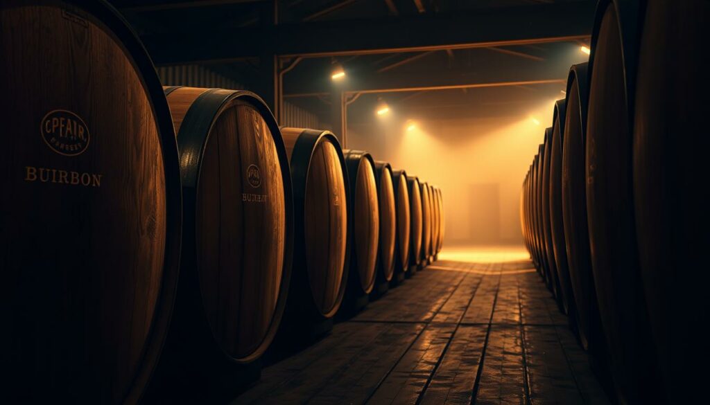 A dimly lit oak barrel warehouse, the air thick with the scent of aging bourbon. In the foreground, several large oak barrels stand in neat rows, their worn and weathered surfaces reflecting the soft amber glow of overhead lighting. The barrels are meticulously labeled, indicating their contents and the date of their entry into this hallowed space. In the middle ground, the shadows of the barrels stretch across the aged wooden floorboards, creating a warm, inviting atmosphere. The background is shrouded in a gentle haze, hinting at the countless other barrels that reside here, patiently waiting to impart their unique flavors to the precious liquid within. The overall scene conveys the reverence and care with which the bourbon-making process is undertaken, a testament to the art of barrel-aging.