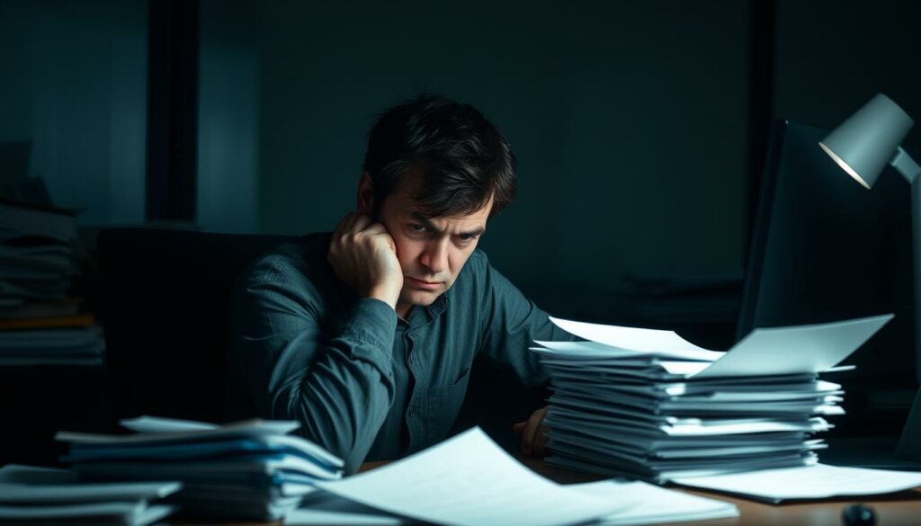 A dimly lit office setting, with a tired-looking person sitting at a desk, surrounded by piles of paperwork and a computer monitor. The figure appears stressed, with a furrowed brow and a pensive expression. The background is hazy, suggesting a sense of uncertainty and unease. The lighting is harsh, casting shadows that emphasize the figure's weary posture. The overall atmosphere conveys the psychological and emotional impact of sanctions on the individual, rather than their financial implications.