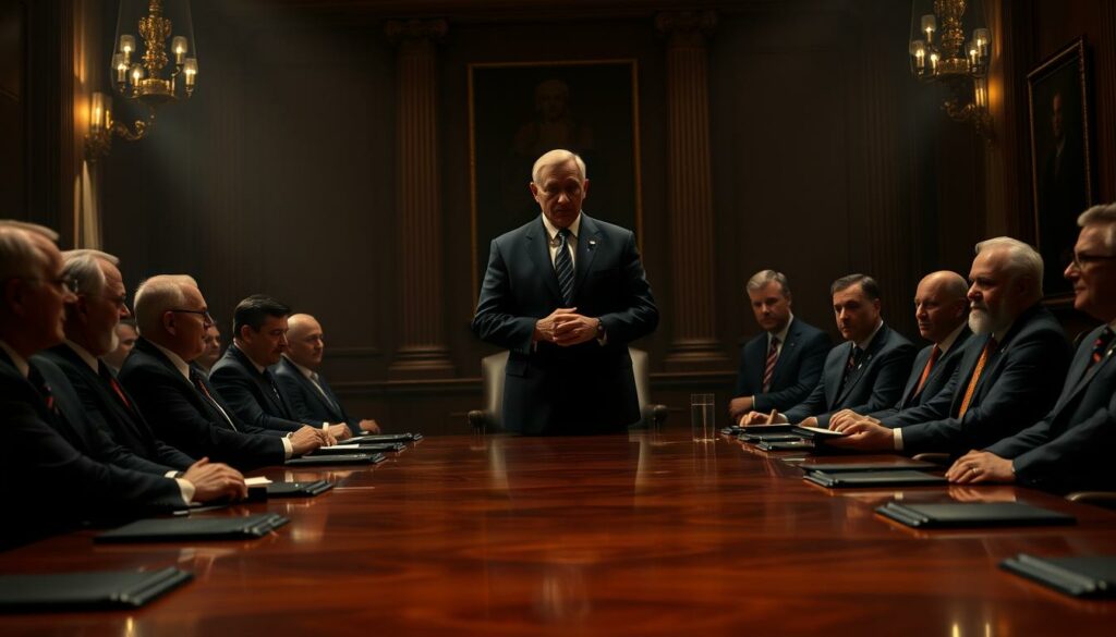 A dimly lit, ornate conference room at the Federal Reserve headquarters. The polished mahogany table is surrounded by stern-faced policymakers, deeply engaged in a high-stakes discussion. Soft, warm lighting casts dramatic shadows, creating an atmosphere of gravity and importance. In the foreground, the Fed chairman stands, hands clasped, delivering a weighty pronouncement to the attentive group. The background is hazy, emphasizing the focus on the central figures and their consequential decision. The scene conveys the sense of a pivotal moment in financial history, where the fate of the economy hangs in the balance.