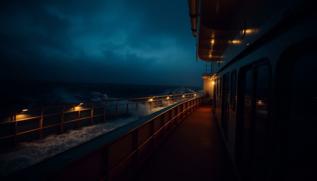 A dimly lit passenger ship's deck at night, with a swirling, ominous sea in the background. The scene is tense, with a sense of unease and uncertainty. The lighting is moody, with shadows and highlights creating a somber atmosphere. The camera angle is low, placing the viewer in the midst of the action, as if they are witnessing the events unfold. The composition draws the eye towards the center of the frame, where the focus is on the critical moments leading up to the incident. The overall impression is one of mystery and foreboding, hinting at the underlying causes and circumstances that led to the shocking event on board the ship.