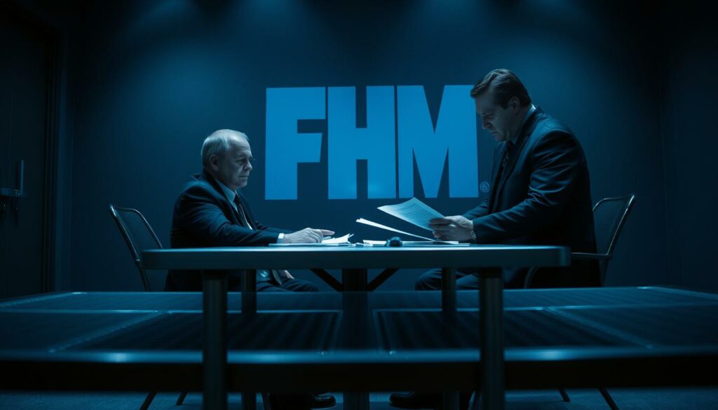 A dimly lit police interrogation room, with a steel table and two chairs in the foreground. The suspect, René Benko, sits across from a stern-faced detective, their expressions intense as they pore over documents and files. In the background, a large FHM logo casts a subtle glow, hinting at the high-profile nature of the investigation. The room is bathed in a cool, bluish light, creating a tense, serious atmosphere. The angle is slightly elevated, giving a sense of authority and scrutiny. The prompt conveys the gravity of the investigation and the high stakes involved.