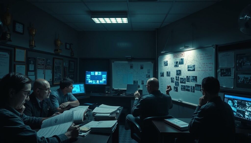 A dimly lit police station, the walls adorned with trophies and certificates. In the foreground, a team of detectives pore over case files, their brows furrowed in concentration. The middle ground reveals a whiteboard covered in scribbled notes and crime scene photos, a web of connections slowly taking shape. In the background, a bank of monitors displays surveillance footage, casting an eerie blue glow over the scene. The atmosphere is tense, the air thick with the weight of an unfolding investigation. Shadows creep across the room, hinting at the unseen forces at work. This is the setting for the "Ermittlungen", where the truth must be painstakingly pieced together, clue by clue.