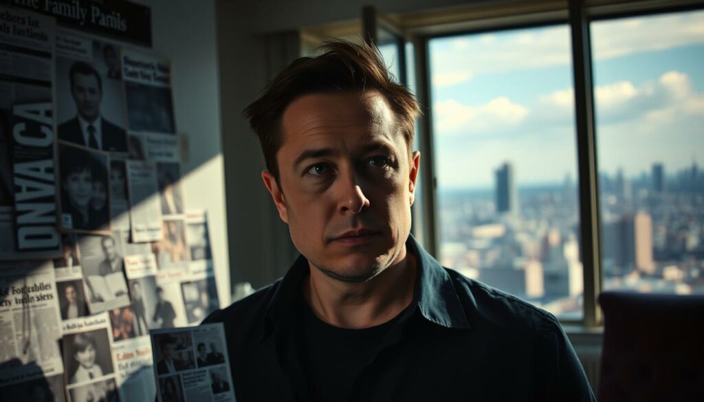 A dimly lit room, casting a somber atmosphere. In the foreground, a collage of newspaper clippings and family photos, capturing the controversies surrounding Elon Musk's prolific family life. The middle ground features a pensive Musk, his expression enigmatic, as he contemplates the weight of his decisions. In the background, a blurred cityscape, hinting at the broader societal implications of his personal choices. The lighting is soft, with shadows playing across the scene, conveying the complexities and contradictions inherent in this high-profile family dynamic. A cinematic, documentary-style composition that invites the viewer to ponder the nuances of this multifaceted narrative.