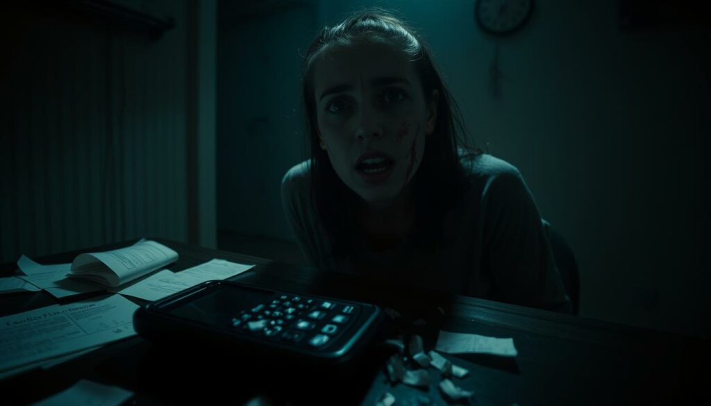 A dimly lit room, the air thick with tension. On a table, a shattered mobile phone lies amidst scattered papers, hinting at a violent altercation. Bruises and cuts adorn the subject's face, their expression a haunting mixture of fear and anguish. The harsh lighting casts deep shadows, creating a somber, ominous atmosphere. A sense of unresolved mystery permeates the scene, leaving the viewer to ponder the unsettling circumstances that led to this disturbing discovery.
