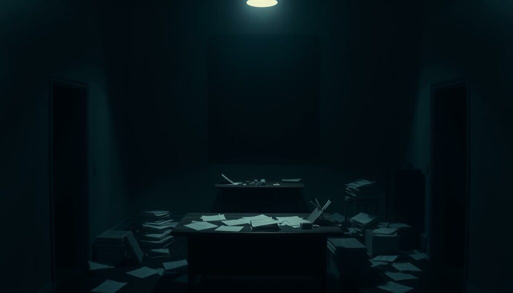 A dimly lit room, where shadows creep across the walls, casting an air of mystery and uncertainty. At the center, a desk stands, papers scattered haphazardly, suggesting a flurry of activity and speculation. The lighting is soft, creating a sense of tension and unease, as if the very atmosphere is charged with the weight of unspoken questions. In the background, a looming, foreboding presence, hinting at the larger context of the scene - a tale of corruption, intrigue, and the search for truth. The overall composition evokes a sense of investigative inquiry, where the viewer is drawn into the unanswered queries that linger, inviting them to ponder the deeper implications and unseen forces at play.