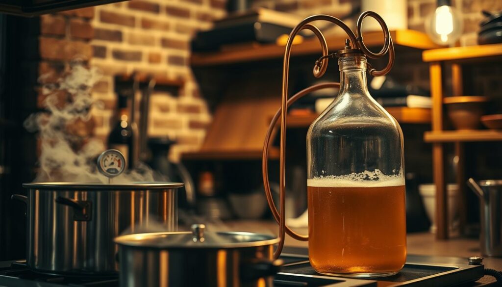 A dimly lit, rustic kitchen interior. In the foreground, a stainless steel pot on a stovetop, steam gently rising from its surface. Nearby, a thermometer protrudes from the pot, displaying the precise temperature of the wort. In the middle ground, an intricate copper wort chiller coils gracefully, its tubes snaking into a clear glass carboy, where the liquid slowly cools. The background features exposed brick walls and wooden shelving, hinting at the artisanal nature of the home brewing process. Soft, warm lighting casts a golden glow, creating an intimate, contemplative atmosphere, as if capturing a crucial step in the journey of crafting the perfect homemade beer.