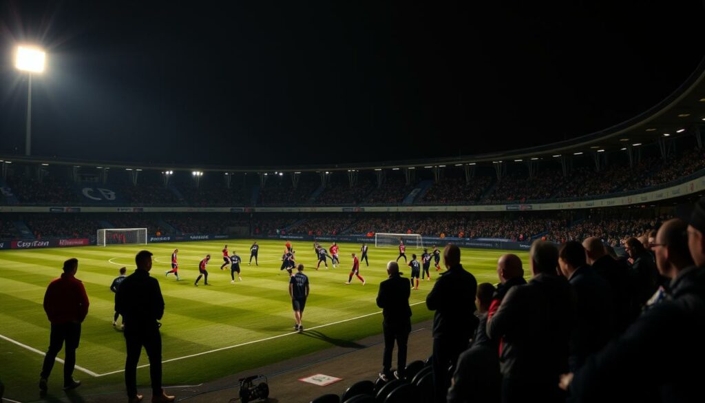 A dimly lit soccer stadium, with the players on the field engaged in a tense pre-game warmup. The midfield is a hive of activity, with the HSV and Sturm Graz teams maneuvering through intricate passing drills, their movements crisp and focused. In the stands, a smattering of dedicated fans watch intently, anticipating the start of this crucial test match. The atmosphere is charged with anticipation, as the teams prepare to showcase their skills and strategies ahead of the upcoming season. A single floodlight casts a warm glow over the scene, highlighting the intensity and importance of this Testspiel moment.