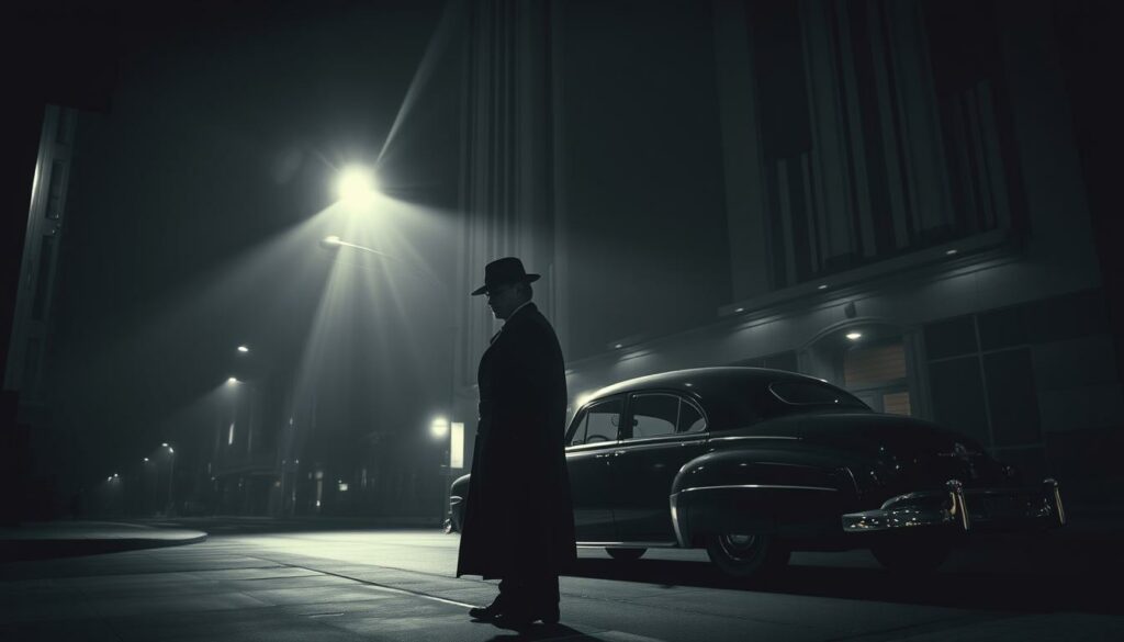 A dimly lit street corner in a 1940s metropolis, shrouded in deep shadows and pools of light. A lone figure stands in the foreground, their face obscured by a fedora and trenchcoat, capturing the essence of classic noir. The middle ground showcases a vintage sedan parked at an angle, its chrome details gleaming under moody, high-contrast lighting. In the background, a towering art deco building looms, its geometric facade and sharp lines casting dramatic shadows that evoke the stylistic sensibilities of the era. The overall scene exudes a palpable sense of mystery, tension, and a reverent homage to the timeless aesthetics of black and white cinematography.