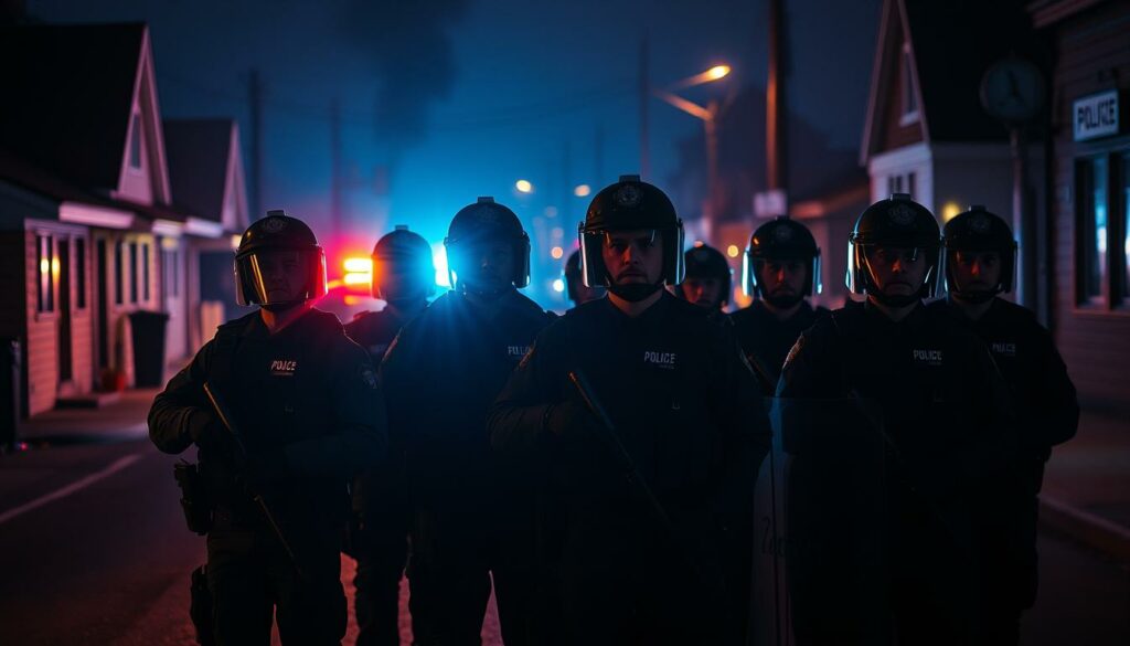 A dimly lit street in a small town, with a group of police officers in full uniform standing vigilantly, their faces set with determination. In the background, a police car with its flashing lights casts an eerie glow, casting long shadows across the scene. The officers are equipped with riot gear, their batons and shields ready for any potential confrontation. The atmosphere is tense, but the officers' posture conveys a sense of control and authority, ready to take on the threat of crime and uphold the law.