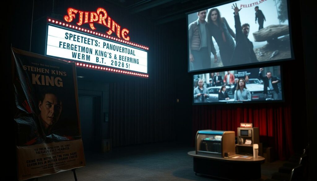 A dimly lit theater, the marquee flickering with the titles of Stephen King's notorious film flops. In the foreground, a crumpled movie poster featuring a B-list cast and a lurid, clichéd horror motif. The middle ground is a shadowy, deserted lobby, with tattered velvet curtains and a neglected concession stand. In the background, a projection screen displays a montage of scenes from these forgotten films - cheap special effects, wooden acting, and a palpable sense of missed potential. The overall atmosphere is one of cinematic decay, a testament to the King of Horror's occasional misfires. The lighting is somber, the mood melancholic, as if the theater itself mourns the demise of these ill-fated adaptations.