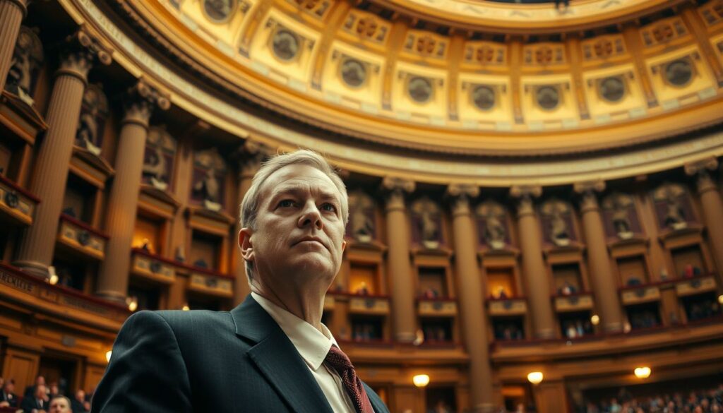 A distinguished German politician, Andreas Schockenhoff, stands prominently in the Bundestag, the historic legislative chamber of Germany. The room is bathed in a warm, amber-tinted lighting, creating an atmosphere of gravity and importance. Schockenhoff's confident, authoritative posture commands attention, his gaze fixed ahead as he addresses the assembly. The intricate, ornate architecture of the Bundestag provides a grand, imposing backdrop, with towering columns and ornate details hinting at the chamber's storied past. The scene conveys a sense of tradition, power, and the weight of democratic governance, reflecting the significance of the Bundestag and the role of its esteemed members.
